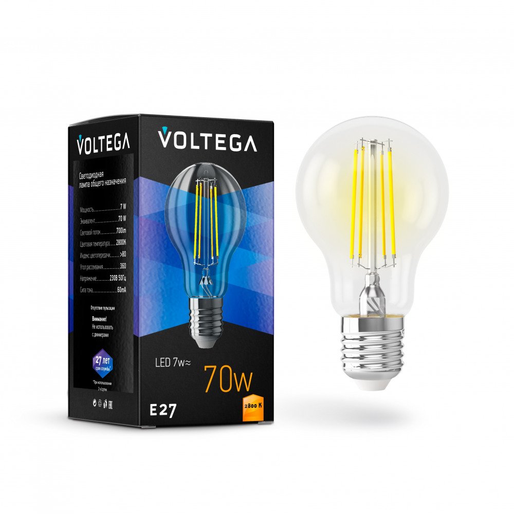 Лампа светодиодная Voltega E27 7W 2800K прозрачная VG10-A60E27warm7W-F 7140. 
