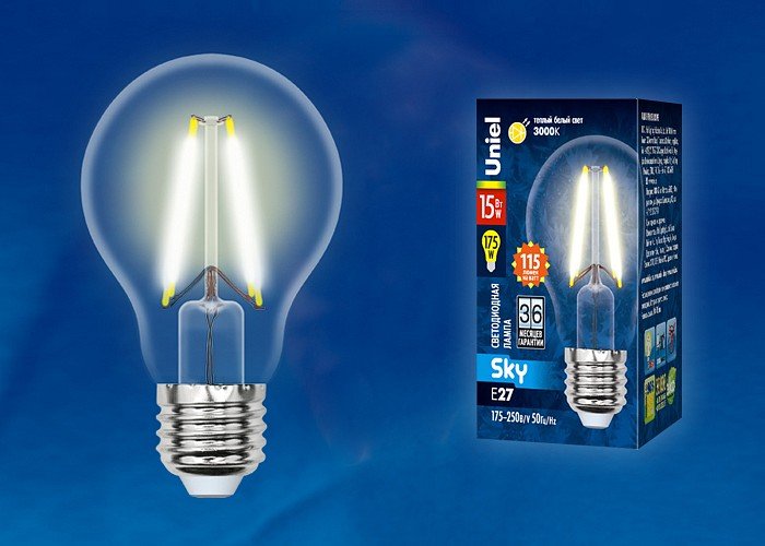 Лампа светодиодная филаментная (UL-00005849) Uniel E27 15W 3000K прозрачная LED-A60-15W/3000K/E27/CL PLS02WH. 