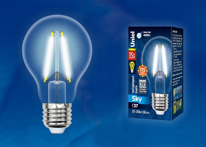 Лампа светодиодная филаментная (UL-00005850) Uniel E27 15W 4000K прозрачная LED-A60-15W/4000K/E27/CL PLS02WH. 