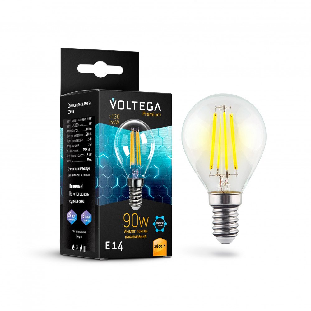 Лампа светодиодная Voltega E14 6,5W 2800K прозрачная VG10-G45E14warm9W-F 7136. 