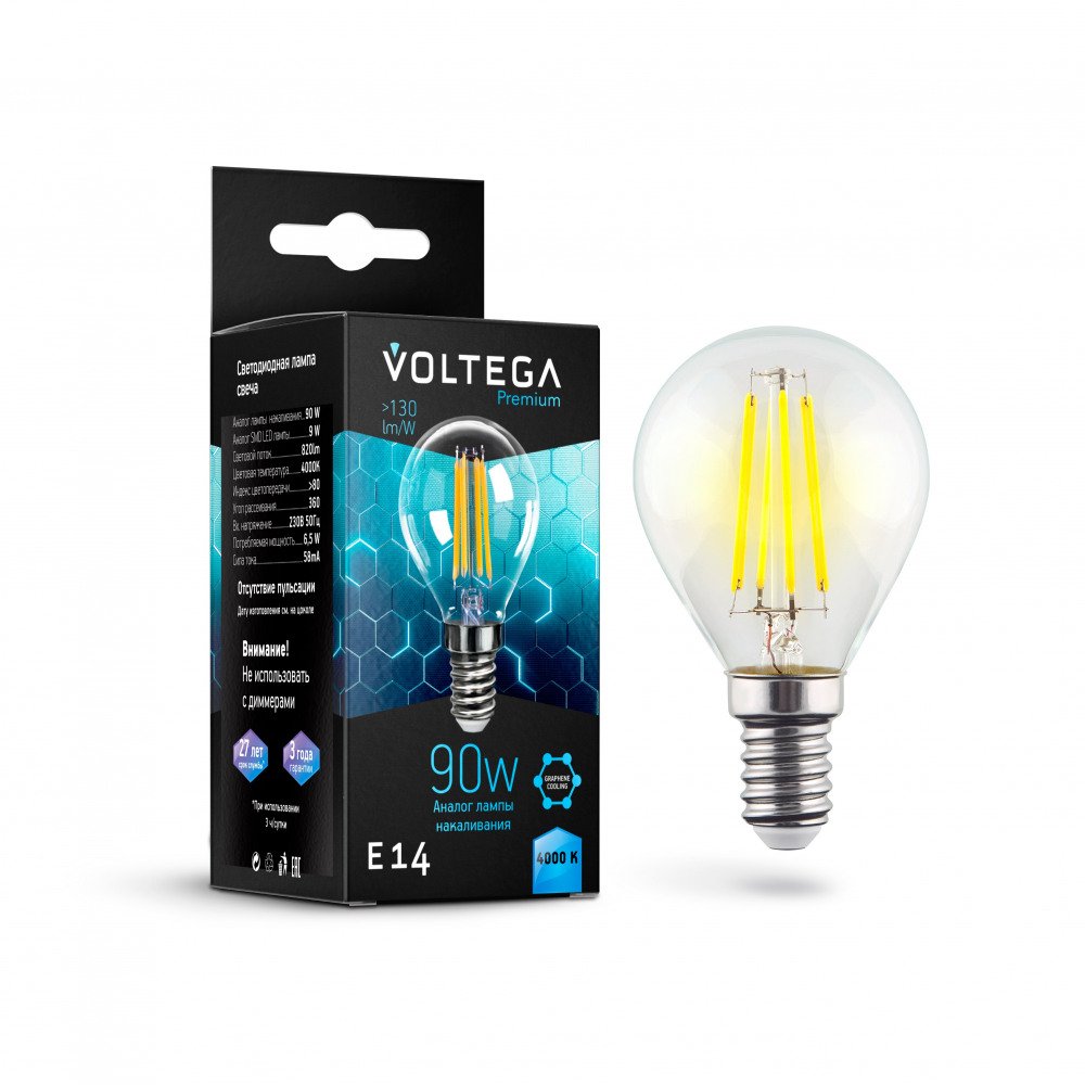 Лампа светодиодная Voltega E14 6,5W 4000K прозрачная VG10-G45E14cold9W-F 7137. 