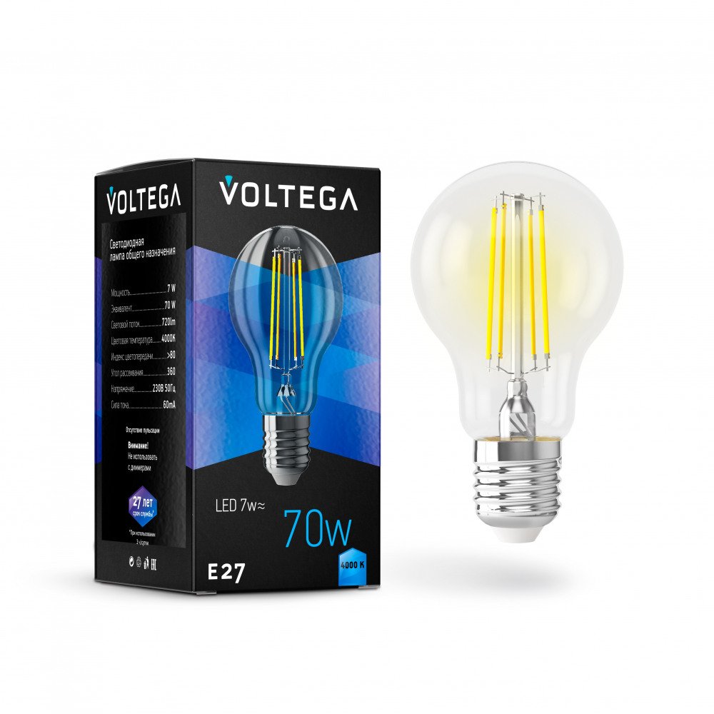 Лампа светодиодная Voltega E27 7W 4000K прозрачная VG10-A60E27cold7W-F 7141. 