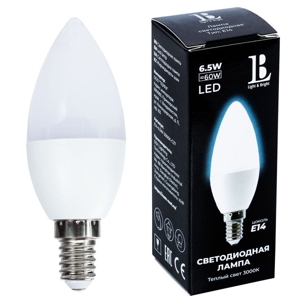Лампочка светодиодная L&B E14-6,5W-3000К-C37_lb. 