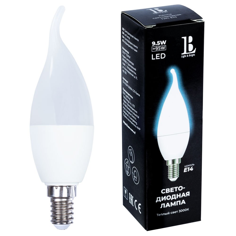 Лампочка светодиодная L&B E14-9,5W-3000К-C37-flame_lb. 