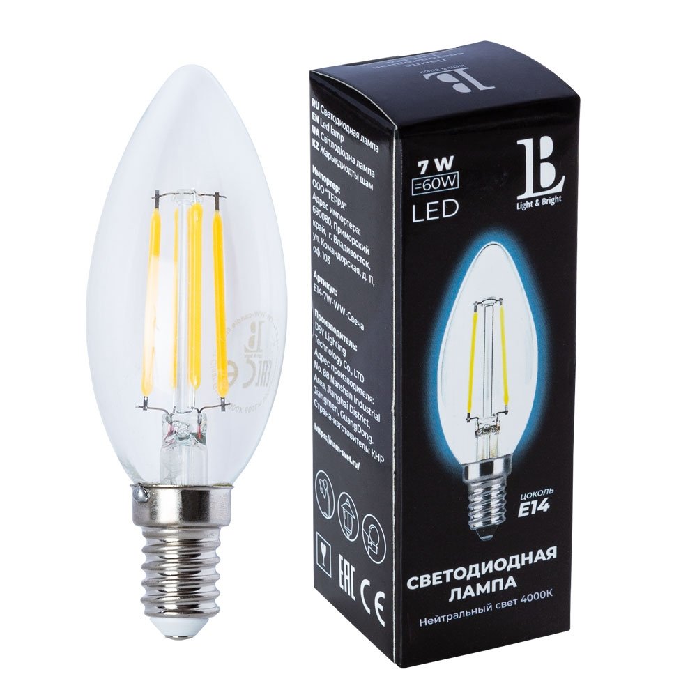 Лампочка светодиодная филаментная L&B E14-7W-NH-candle filament_lb. 