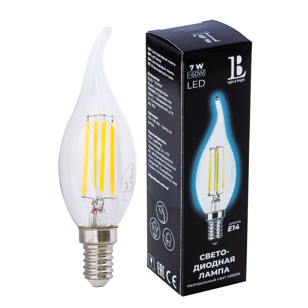 Лампочка светодиодная филаментная L&B E14-7W-NH-flame filament_lb. 
