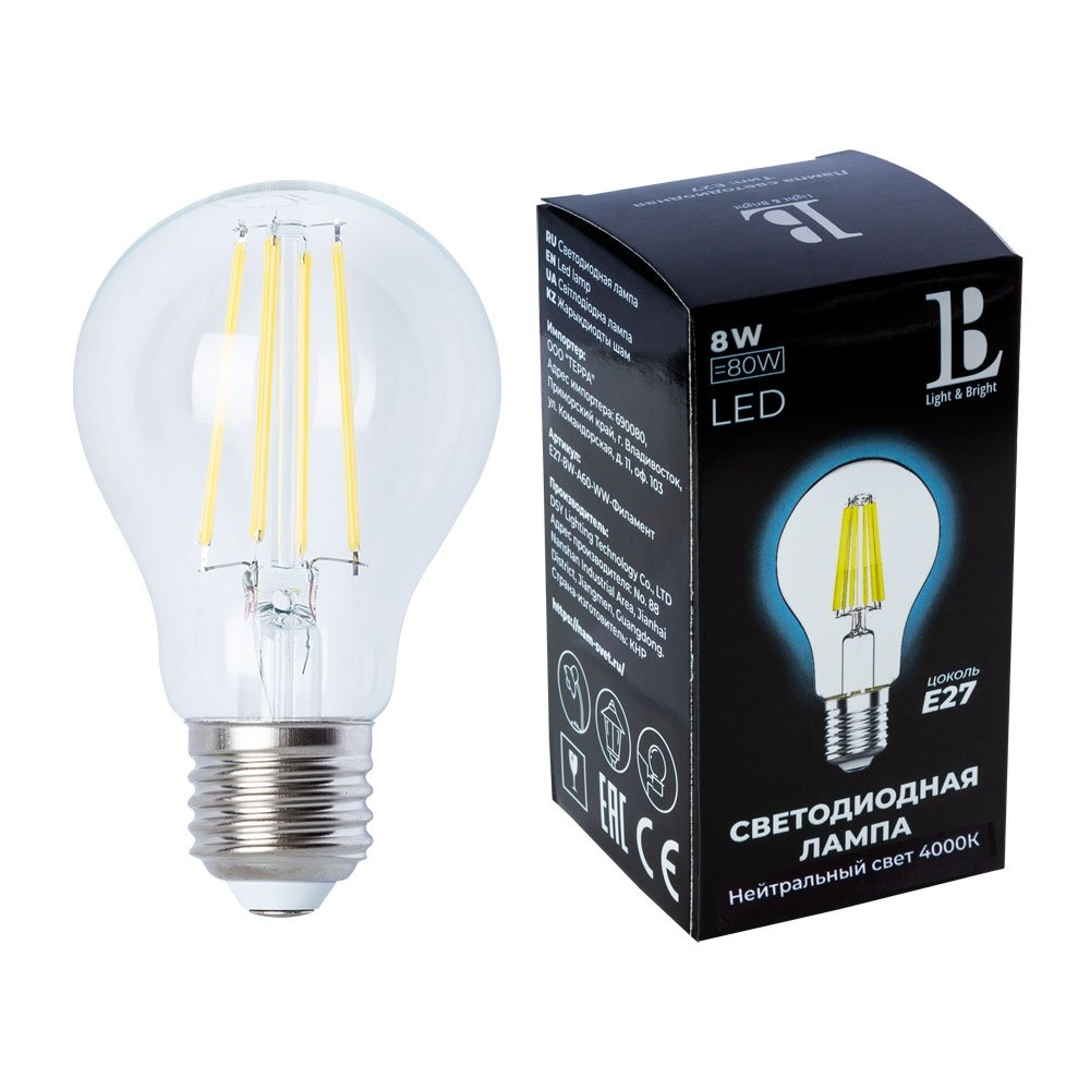 Лампочка светодиодная филаментная L&B E27-8W-A60-NH-filament_lb. 