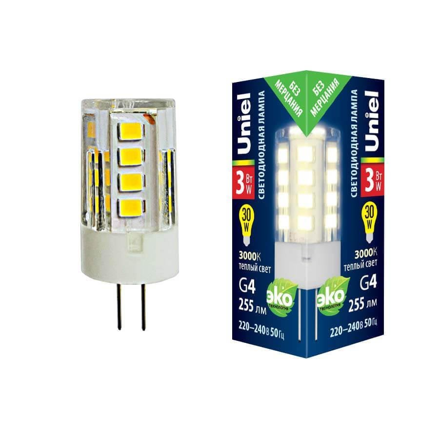 Лампа светодиодная (UL-00006742) Uniel G4 3W 3000K прозрачная LED-JC-220/3W/3000K/G4/CL GLZ09TR. 