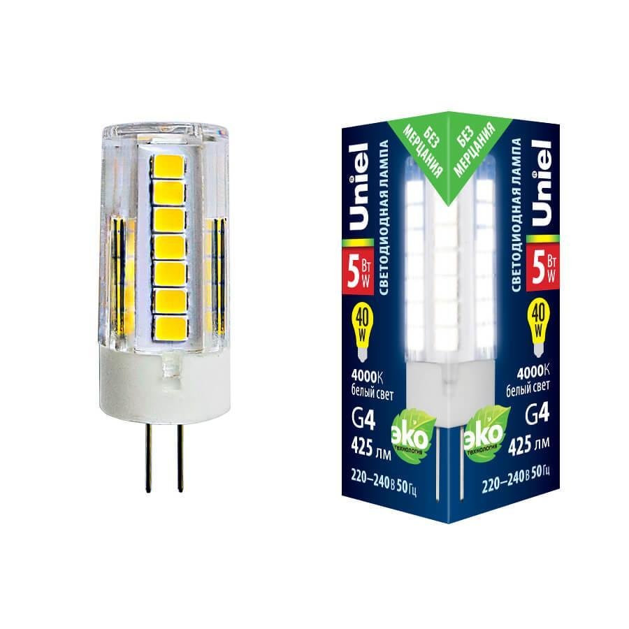 Лампа светодиодная (UL-00006745) Uniel G4 5W 4000K прозрачная LED-JC-220/5W/4000K/G4/CL GLZ09TR. 