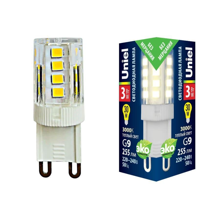 Лампа светодиодная (UL-00006746) Uniel G9 3W 3000K прозрачная LED-JCD-3W/3000K/G9/CL GLZ09TR. 