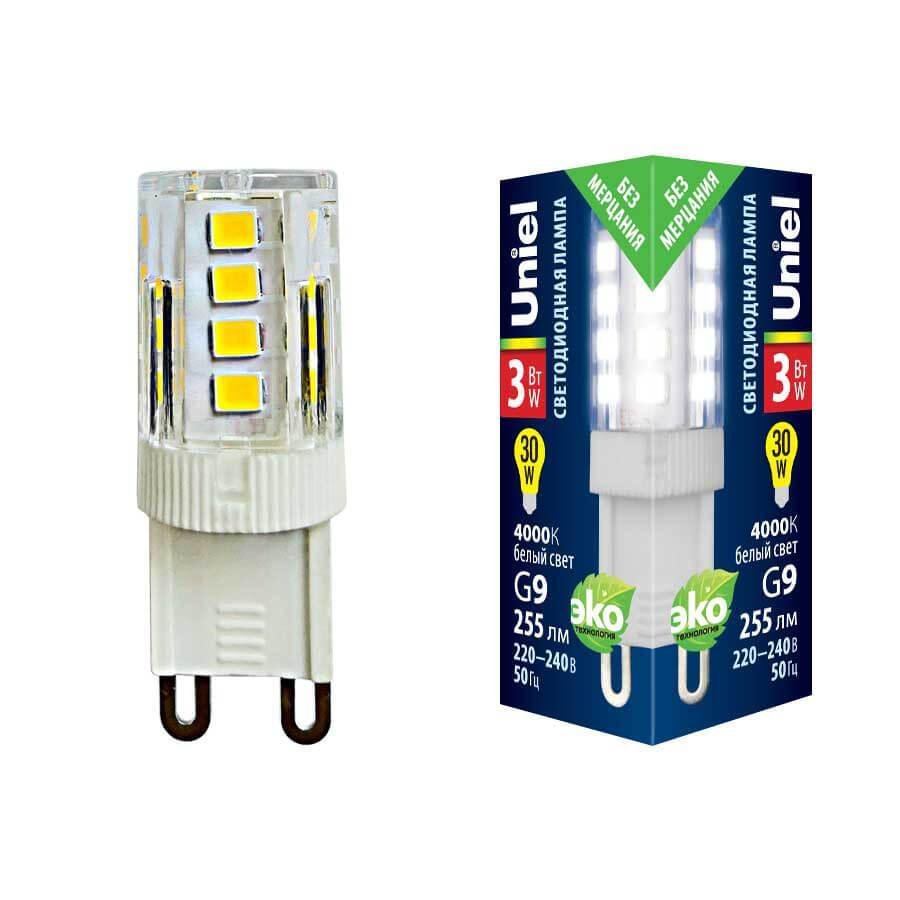 Лампа светодиодная (UL-00006747) Uniel G9 3W 4000K прозрачная LED-JCD-3W/4000K/G9/CL GLZ09TR. 