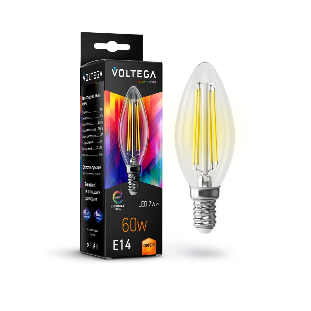 Лампа светодиодная Voltega E14 7W 2800K прозрачная VG10-C35E14warm7W-FHR 7152. 