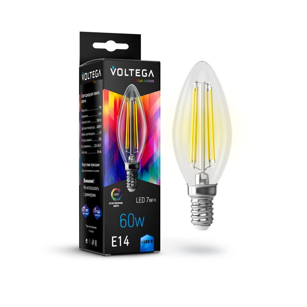 Лампа светодиодная Voltega E14 7W 4000K прозрачная VG10-C35E14cold7W-FHR 7153. 