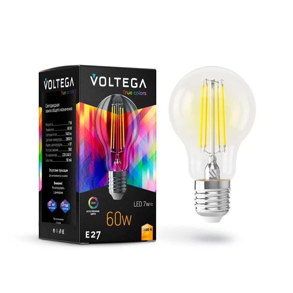 Лампа светодиодная Voltega E27 7W 2800K прозрачная VG10-A60E27warm7W-FHR 7154. 