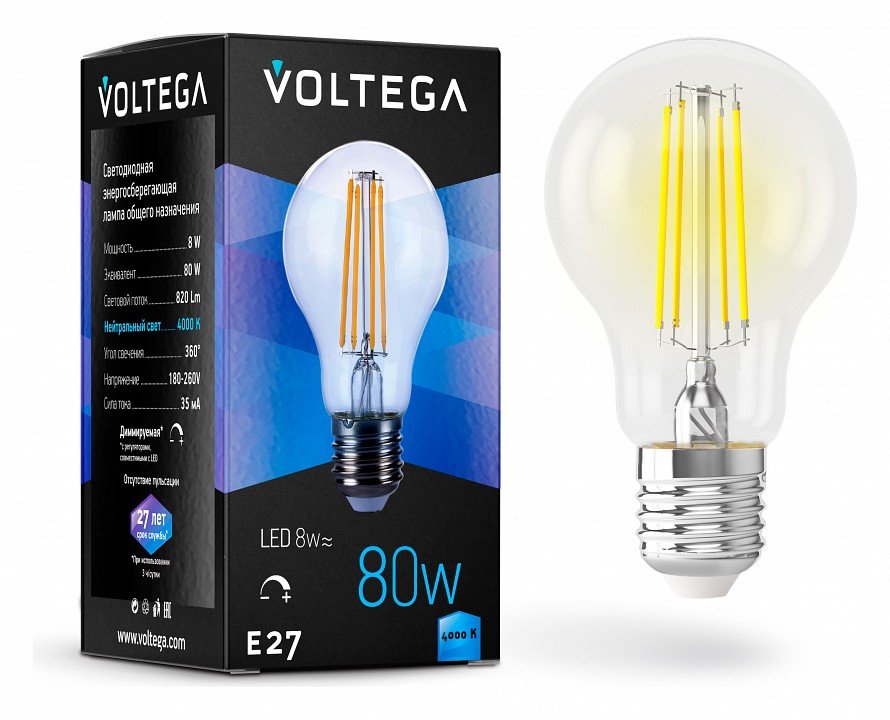 Лампа светодиодная Voltega General Purpose Bulb E27 8Вт 4000K VG10-А1E27cold8W-FD. 