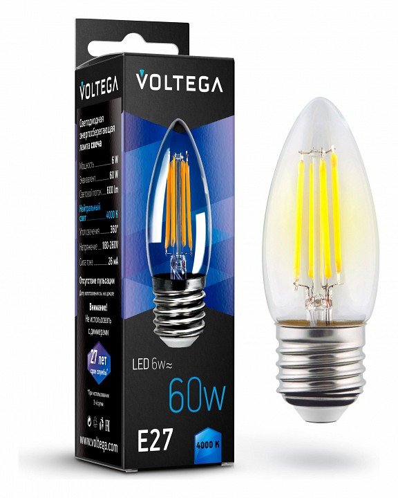 Лампа светодиодная Voltega Crystal E27 6Вт 4000K VG10-C1E27cold6W-F. 