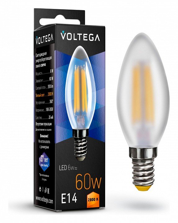 Лампа светодиодная Voltega Candle E14 6Вт 2800K VG10-C2E14warm6W-F. 