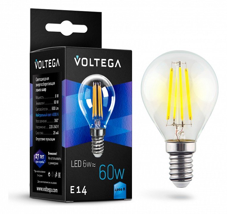Лампа светодиодная Voltega Crystal E14 6Вт 4000K VG10-G1E14cold6W-F. 