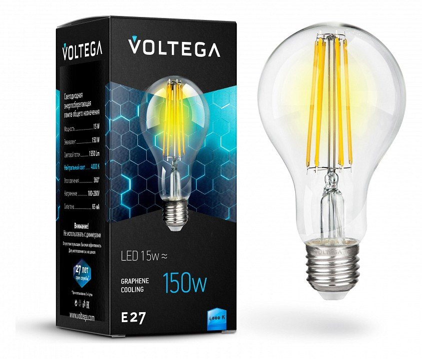 Лампа светодиодная Voltega Crystal E27 15Вт 4000K VG10-A1E27cold15W-F. 