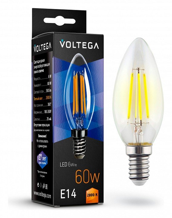 Лампа светодиодная Voltega Crystal E14 6Вт 2800K VG10-C1E14warm6W-F. 