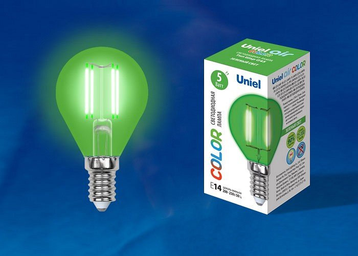 Лампа светодиодная Uniel Air Color E14 5Вт K LED-G45-5W/GREEN/E14 GLA02GR картон. 