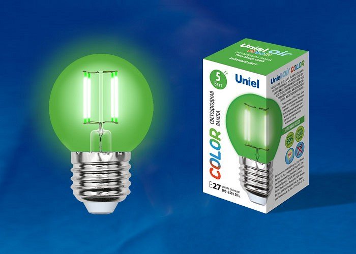 Лампа светодиодная Uniel Air Color E27 5Вт K LED-G45-5W/GREEN/E27 GLA02GR картон. 