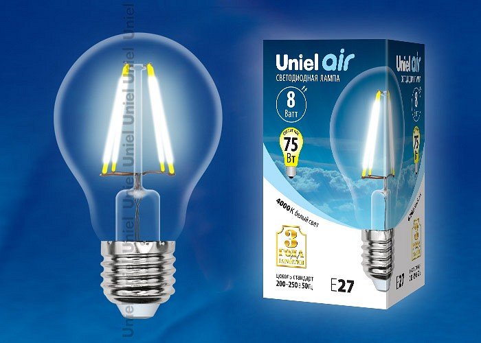 Лампа светодиодная Uniel Air E27 8Вт 4000K LED-A60-8W/NW/E27/CL GLA01TR картон. 
