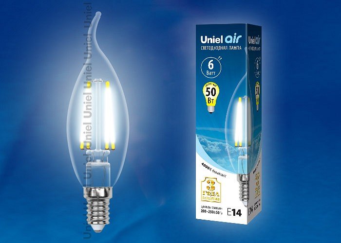 Лампа светодиодная Uniel Air E14 6Вт 4000K LED-CW35-6W/NW/E14/CL GLA01TR картон. 