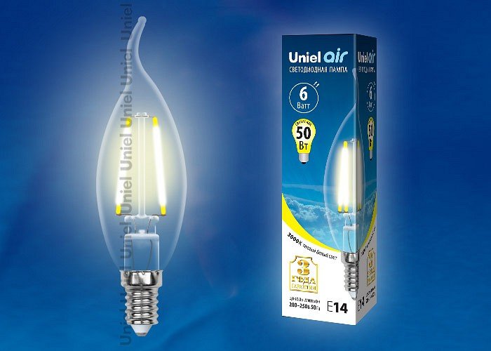 Лампа светодиодная Uniel Air E14 6Вт 3000K LED-CW35-6W/WW/E14/CL GLA01TR картон. 