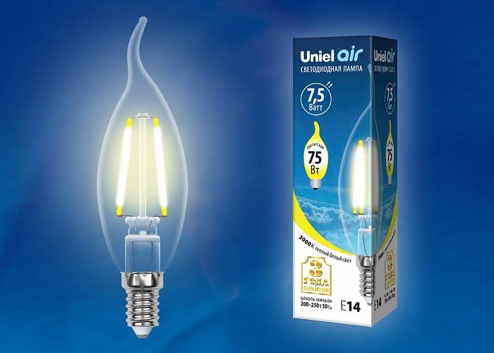 Лампа светодиодная Uniel Air E14 7.5Вт 3000K LED-CW35-7,5W/WW/E14/CL GLA01TR картон. 