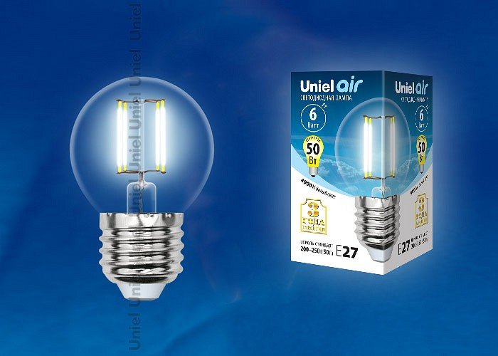 Лампа светодиодная Uniel Air E27 6Вт 4000K LED-G45-6W/NW/E27/CL GLA01TR картон. 