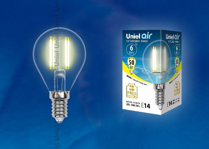 Лампа светодиодная Uniel Air E14 6Вт 3000K LED-G45-6W/WW/E14/CL GLA01TR картон. 