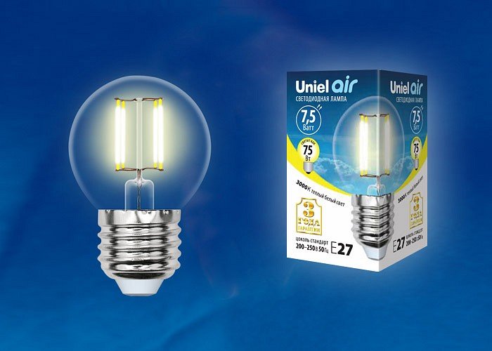 Лампа светодиодная Uniel Air E27 7.5Вт 3000K LED-G45-7,5W/WW/E27/CL GLA01TR картон. 
