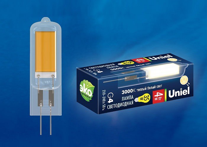 Лампа светодиодная Uniel LED-JC G4 4Вт 3000K LED-JC-220/4W/3000K/G4/CL GLZ08TR картон. 