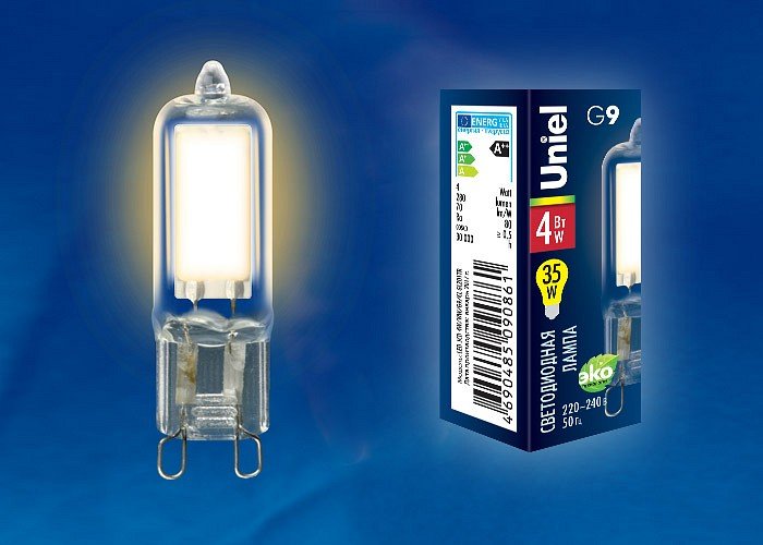 Лампа светодиодная Uniel LED-JCD G9 4Вт 3000K LED-JCD-4W/WW/G9/CL GLZ01TR картон. 