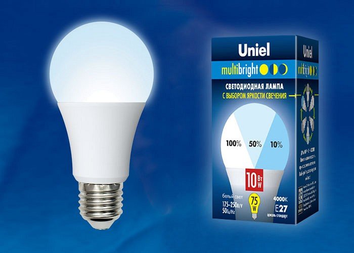 Лампа светодиодная Uniel A60 E27 10Вт 4000K LED-A60-10W/NW/E27/FR/MB PLM11WH картон. 