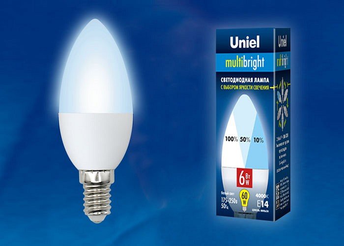 Лампа светодиодная Uniel C37 E14 6Вт 4000K LED-C37-6W/NW/E14/FR/MB PLM11WH картон. 