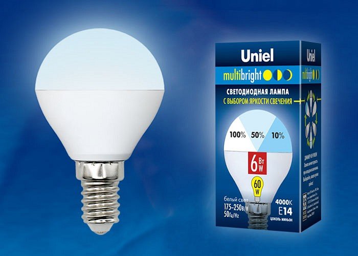 Лампа светодиодная Uniel G45 E14 6Вт 4000K LED-G45-6W/NW/E14/FR/MB PLM11WH картон. 
