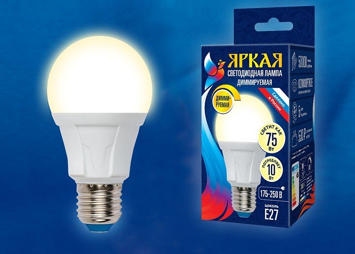 Лампа светодиодная Uniel Яркая Dim E27 10Вт 3000K LED-A60 10W/3000K/E27/FR/DIM PLP01WH картон. 