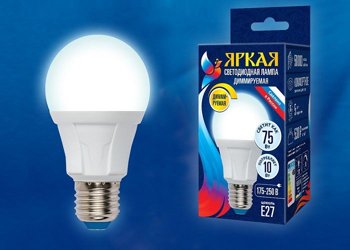 Лампа светодиодная Uniel Яркая Dim E27 10Вт 4000K LED-A60 10W/4000K/E27/FR/DIM PLP01WH картон. 
