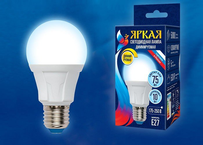 Лампа светодиодная Uniel Яркая Dim E27 10Вт 6500K LED-A60 10W/6500K/E27/FR/DIM PLP01WH картон. 