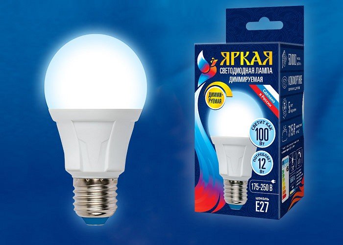 Лампа светодиодная Uniel Яркая Dim E27 12Вт 65000K LED-A60 12W/6500K/E27/FR/DIM PLP01WH картон. 