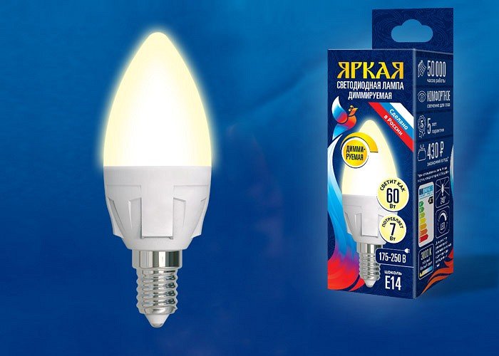 Лампа светодиодная Uniel Яркая Dim E14 7Вт 3000K LED-C37 7W/3000K/E14/FR/DIM PLP01WH картон. 
