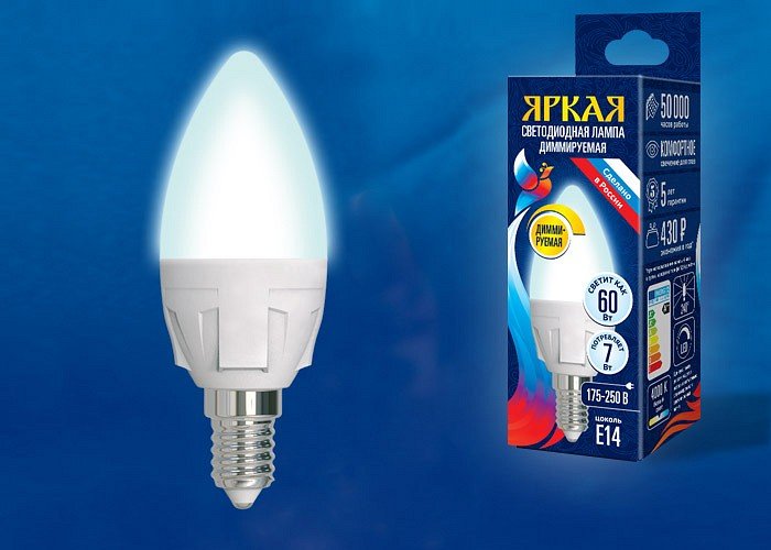 Лампа светодиодная Uniel Яркая Dim E14 7Вт 4000K LED-C37 7W/4000K/E14/FR/DIM PLP01WH картон. 