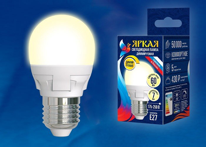 Лампа светодиодная Uniel Яркая Dim E27 7Вт 3000K LED-G45 7W/3000K/E27/FR/DIM PLP01WH картон. 