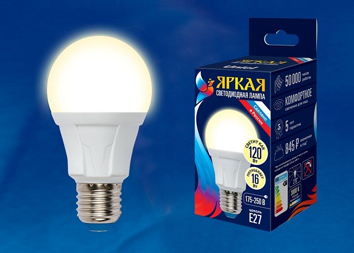 Лампа светодиодная Uniel Яркая E27 16Вт 3000K LED-A60 16W/3000K/E27/FR PLP01WH картон. 