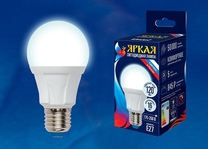 Лампа светодиодная Uniel Яркая E27 16Вт 4000K LED-A60 16W/4000K/E27/FR PLP01WH картон. 