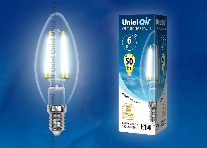 Лампа светодиодная Uniel Air E14 6Вт 4000K LED-C35-6W/NW/E14/CL GLA01TR картон. 
