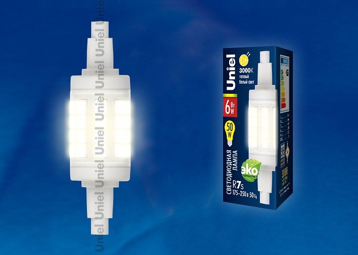 Лампа светодиодная Uniel LED-J78 R7s 6Вт 3000K LED-J78-6W/WW/R7s/CL PLZ06WH картон. 
