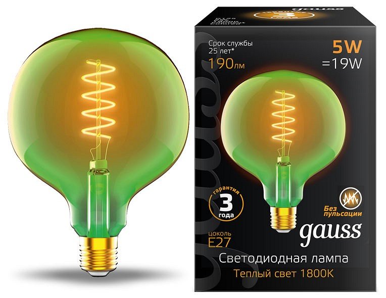 Лампа светодиодная диммируемая филаментная Gauss E27 5W 1800K зеленая 1012802105. 